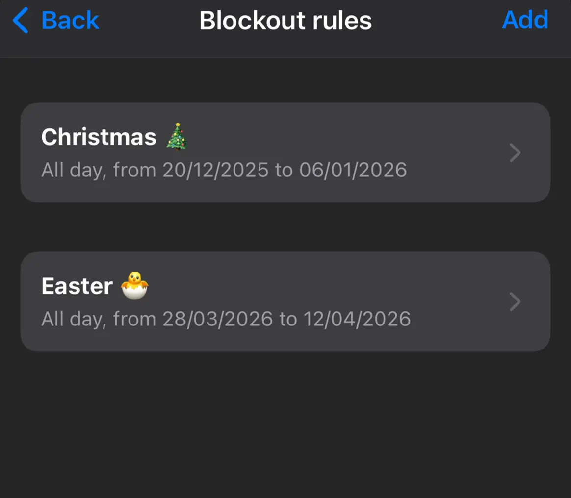 Blackout times and school holidays (light)